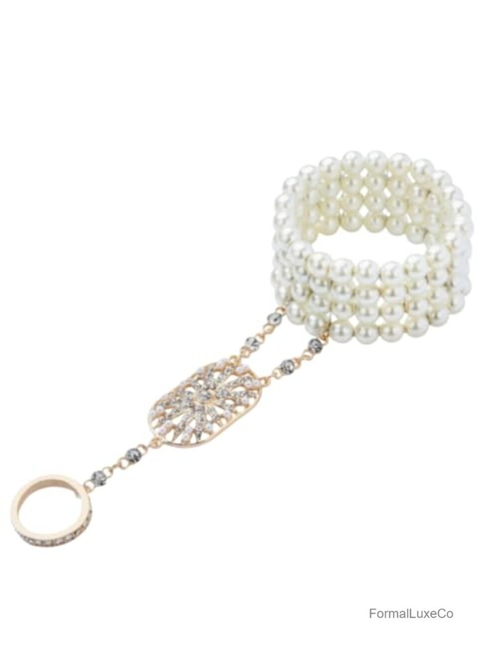 Vintage Gold Flapper Bracelet Faux Pearl Rhinestone Stretch Link Ring Charm